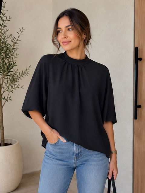 Blusa negra Angashion con cuello alto y lazo en la espalda, talla XL