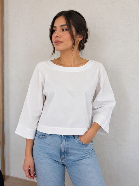 Blusa blanca holgada LOFT talla L con cuello barco