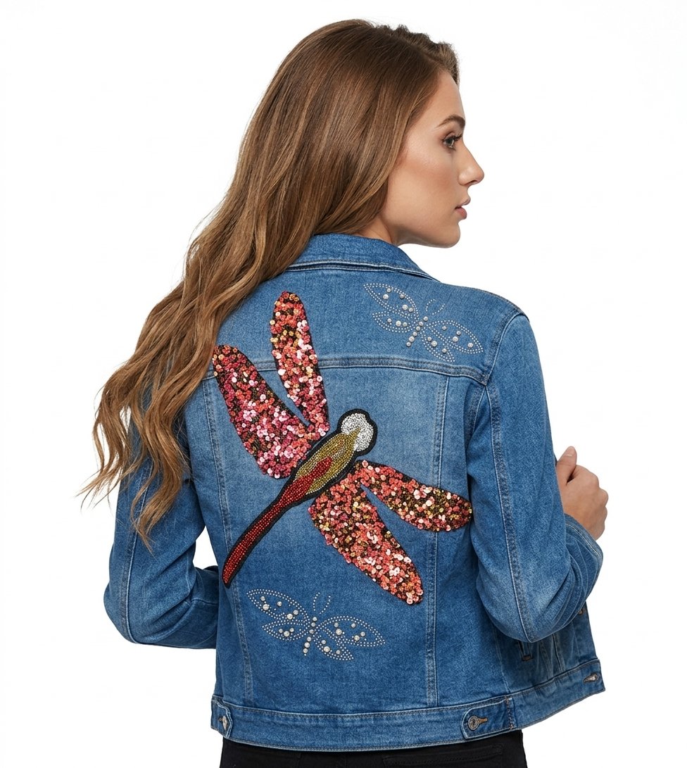 Chamarra de Mezclilla Stretch Talla XL con Diseño de Libélula y Lentejuelas