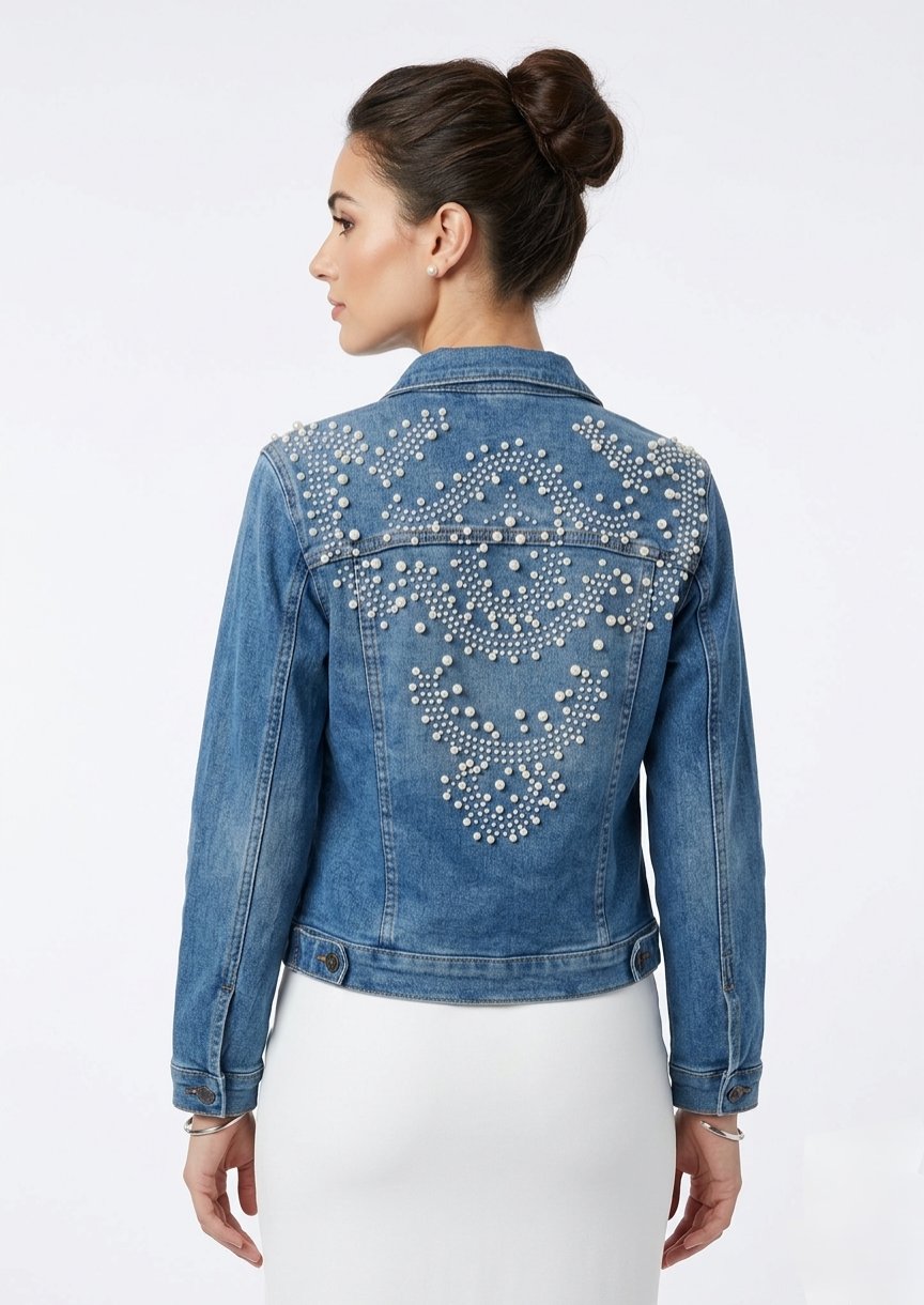 Chamarra de Mezclilla Stretch Slim Talla M con Aplicaciones de Perlas
