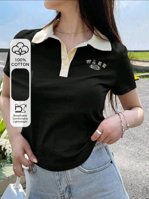 Playera Dazy Negra con Cuello Blanco - Talla L