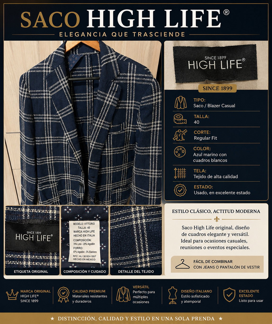 Saco High Life Casual para Hombre - Talla 40