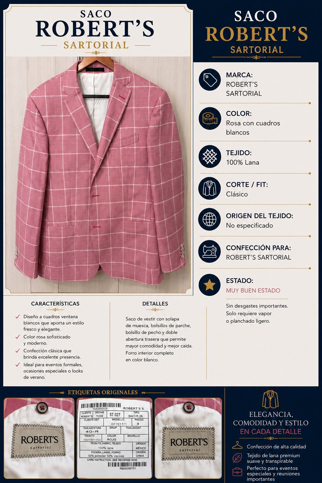 Saco Robert's Sartorial Rosa con Cuadros Blancos