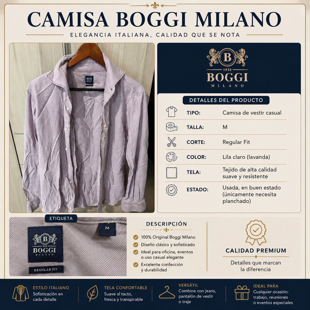 Camisa de vestir casual Boggi Milano talla M