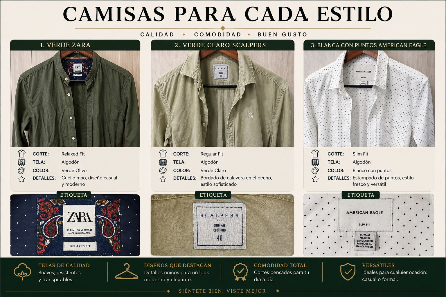 Camisas de Hombre: Verde Zara, Verde Claro Scalpers, Blanca American Eagle