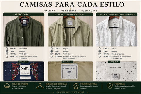 Camisas de Hombre: Verde Zara, Verde Claro Scalpers, Blanca American Eagle