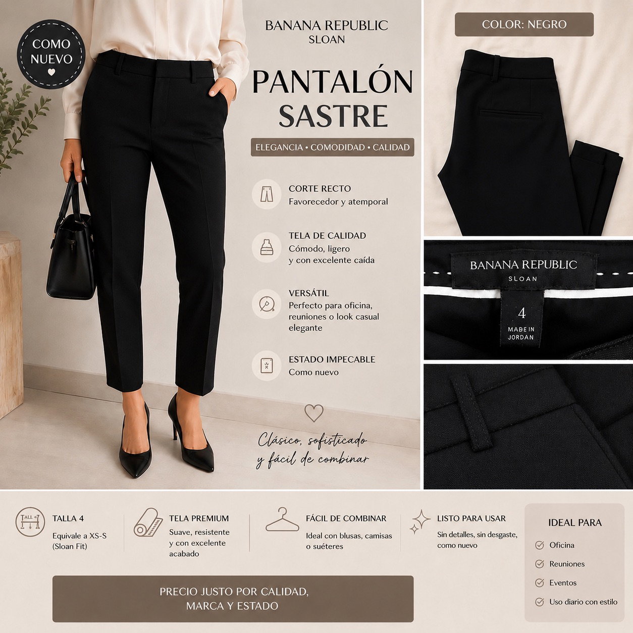 Pantalón Sastre Negro Banana Republic  Modelo Sloan Talla 4