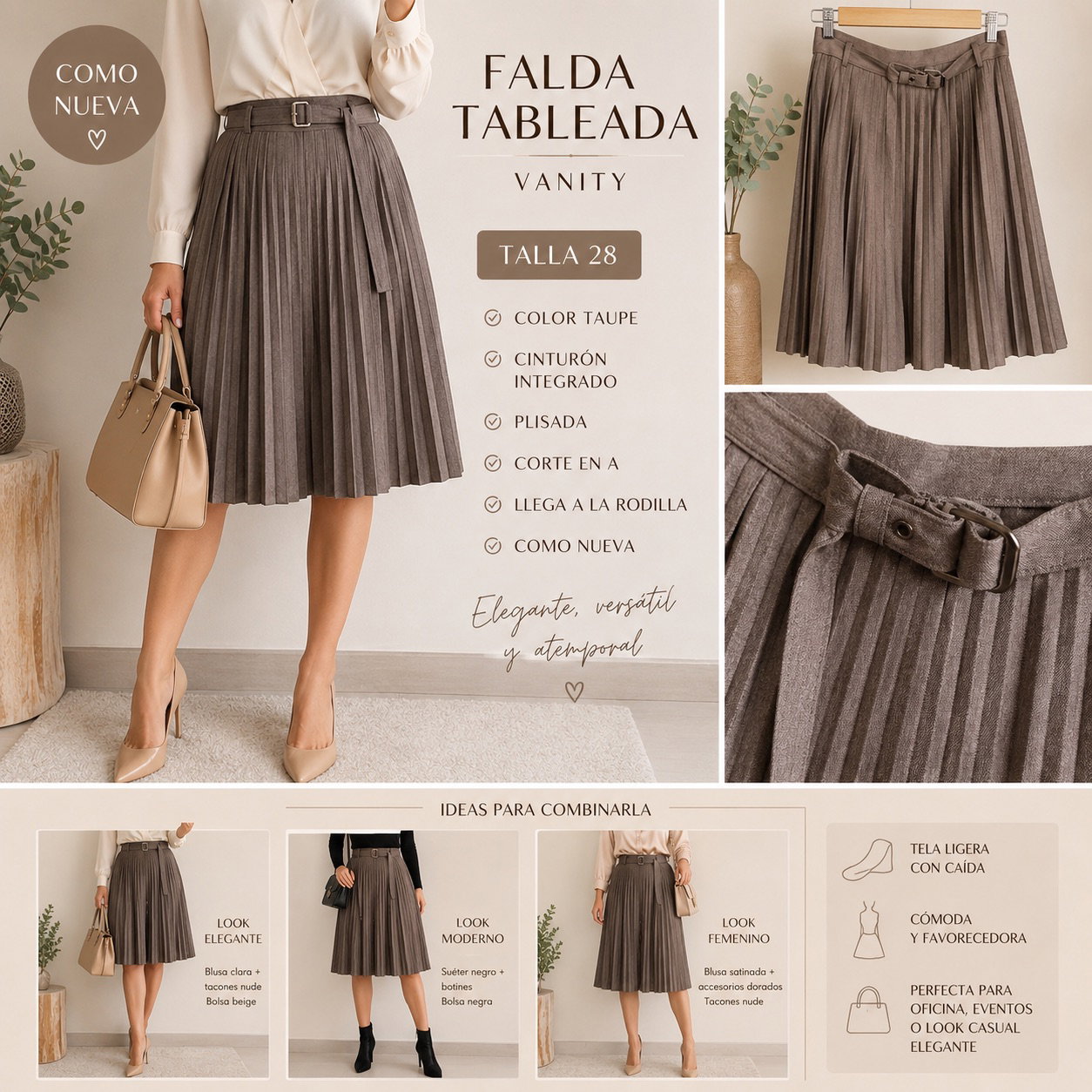 Falda  Vanity plisada color taupe con cinturón integrado - Talla 28