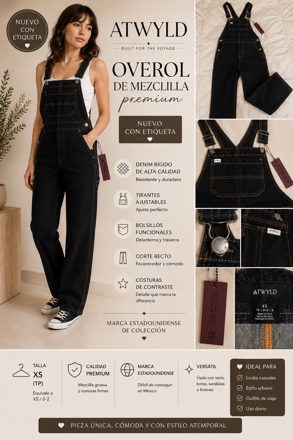 Overol de Mezclilla Premium ATWYLD Nuevo con Etiqueta Talla XS