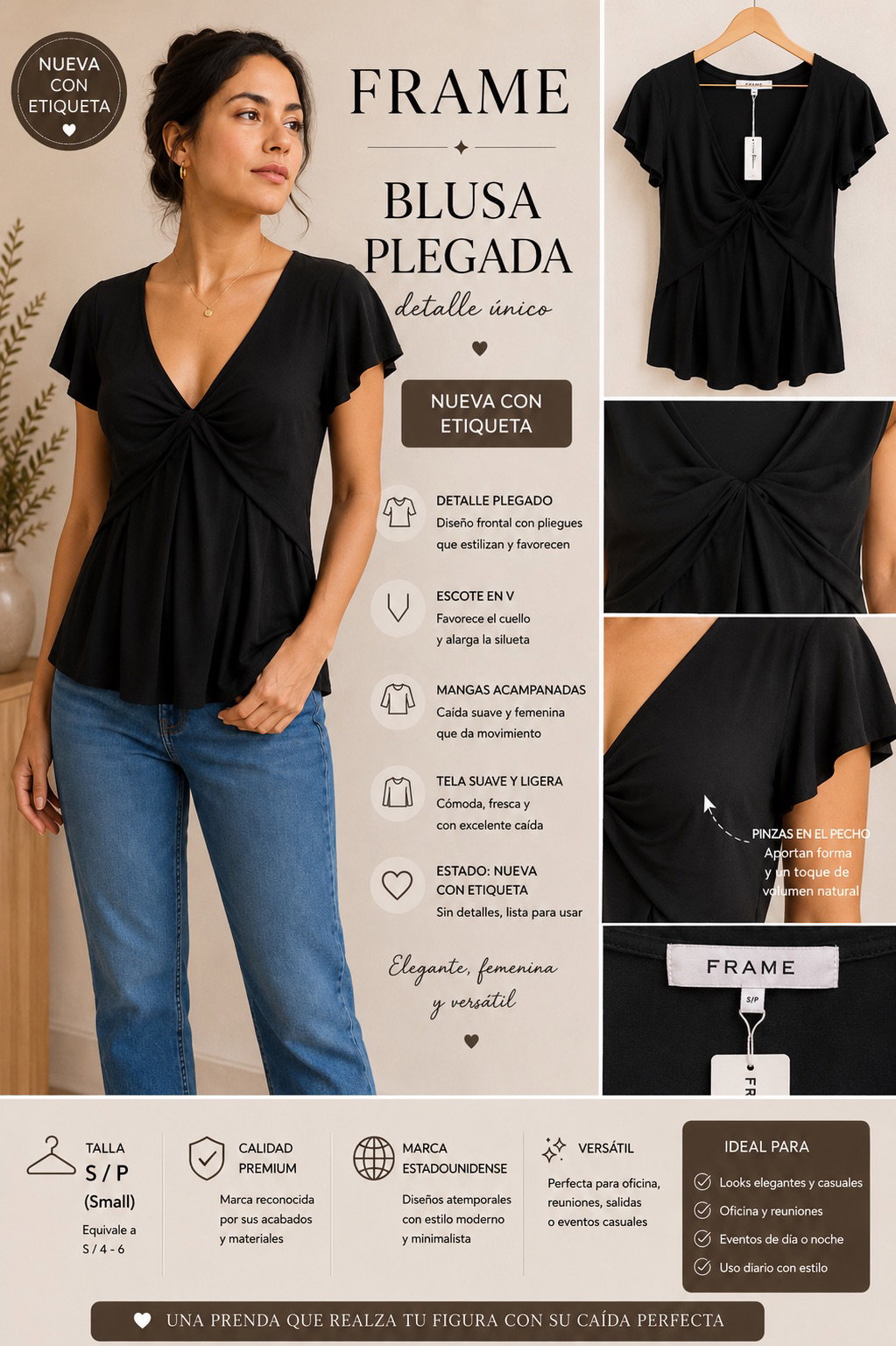 Blusa Plegada Negra FRAME Nueva con Etiqueta