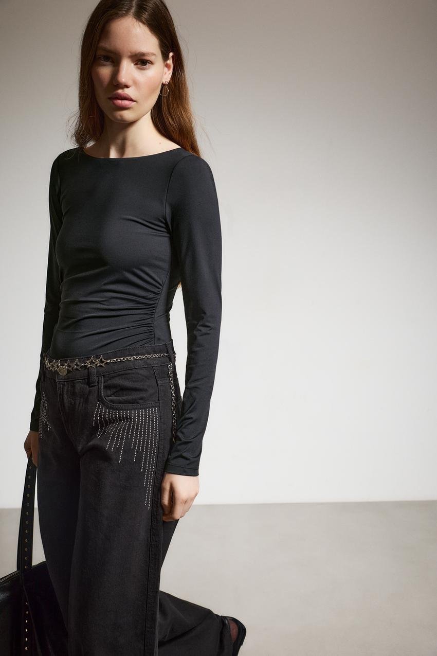 Body de Poliamida Negro con Fruncidos - Lefties - Talla M
