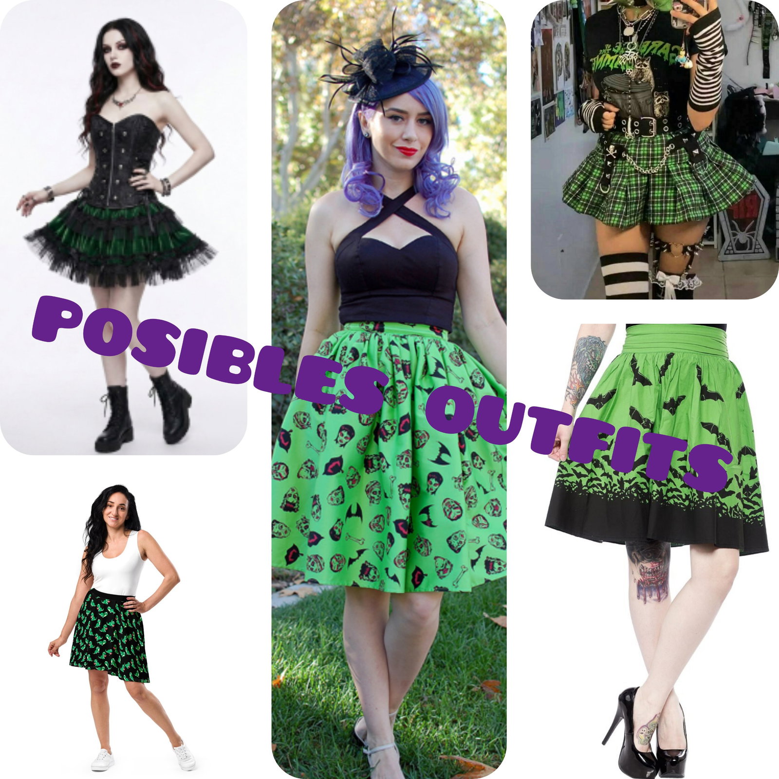 Falda Gótica Verde con Murciélagos y Encaje Negro