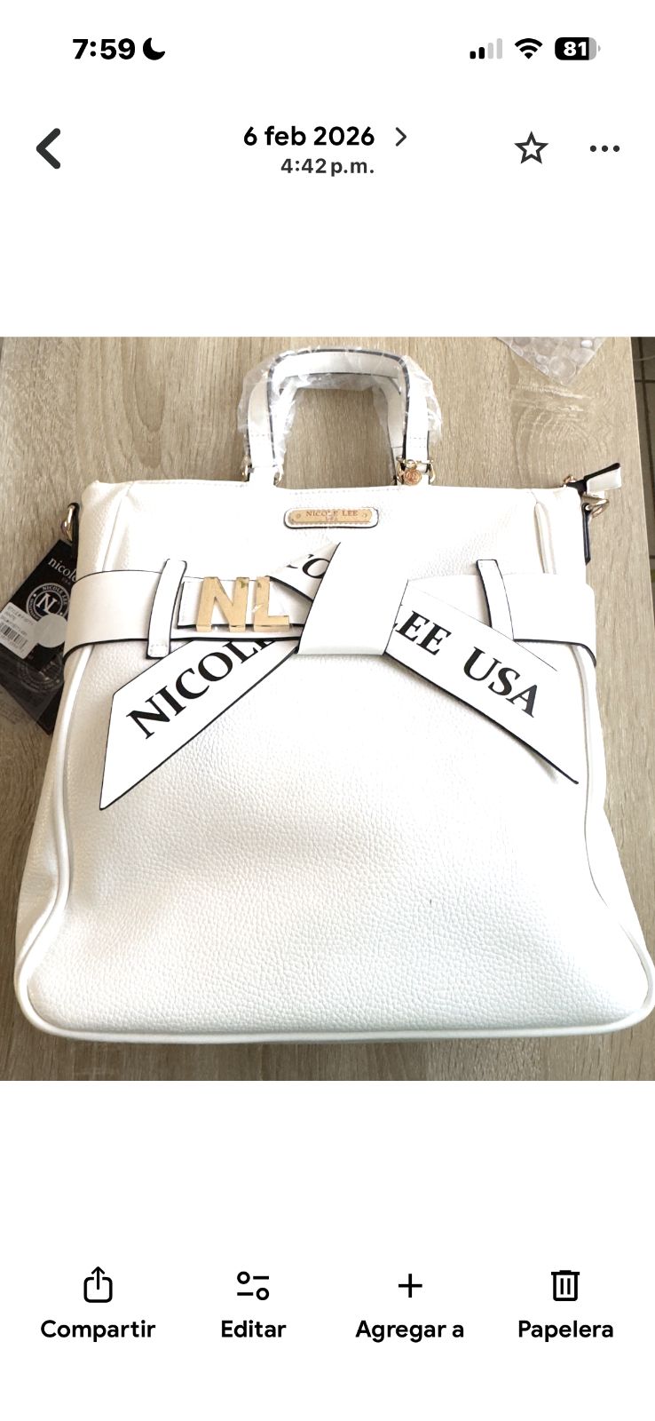 Bolsa Tote blanca Nicole Lee USA Original y Nueva