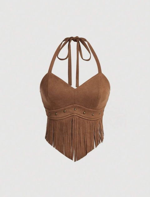 Top Vintage de Ante Marrón con Borlas y Cuello Halter