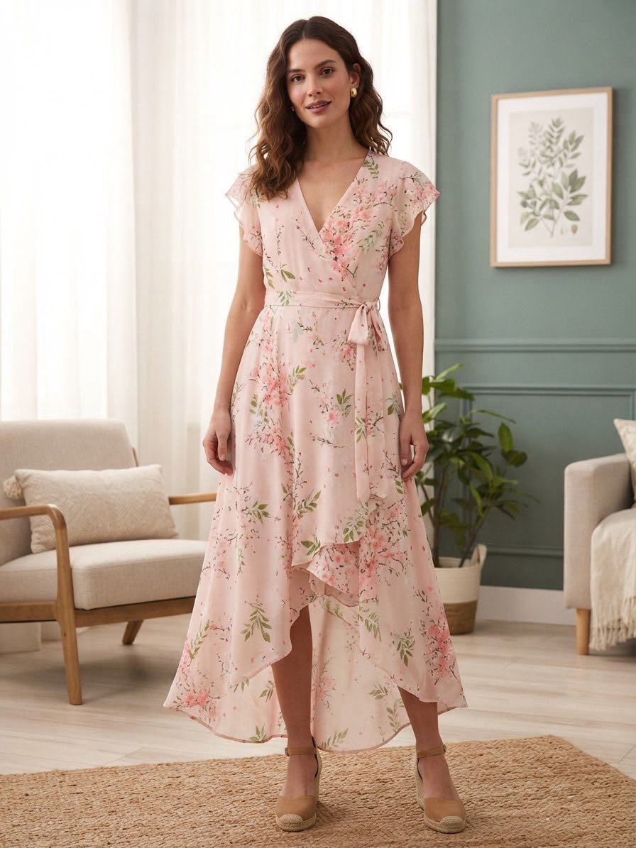 Hermoso vestido midi rosa con estampado floral