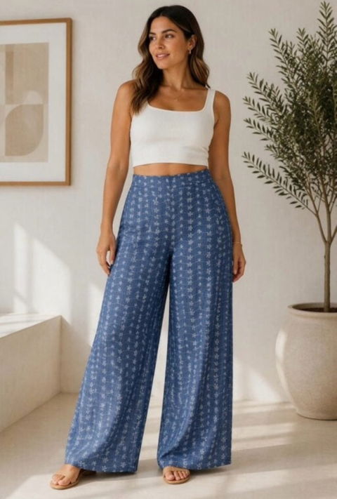 Pantalón wide leg estampado azul con flores