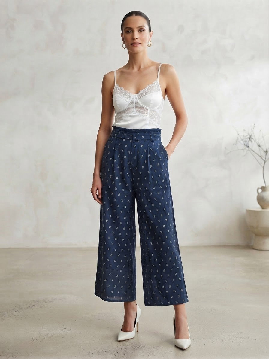 Pantalón azul marino estampado tipo palazzo