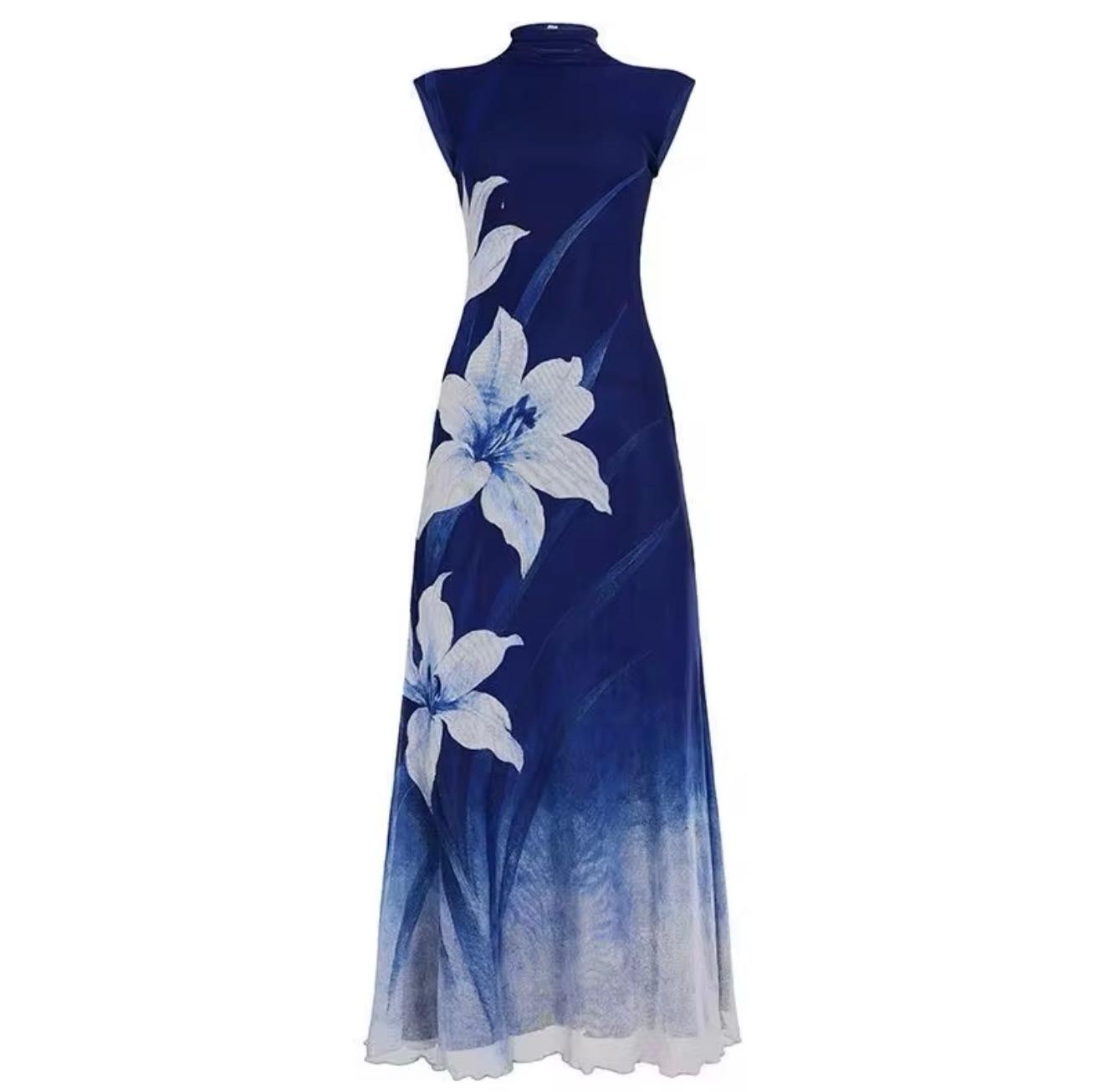 Vestido Largo Elegante con Estampado de Lirios - Talla XL