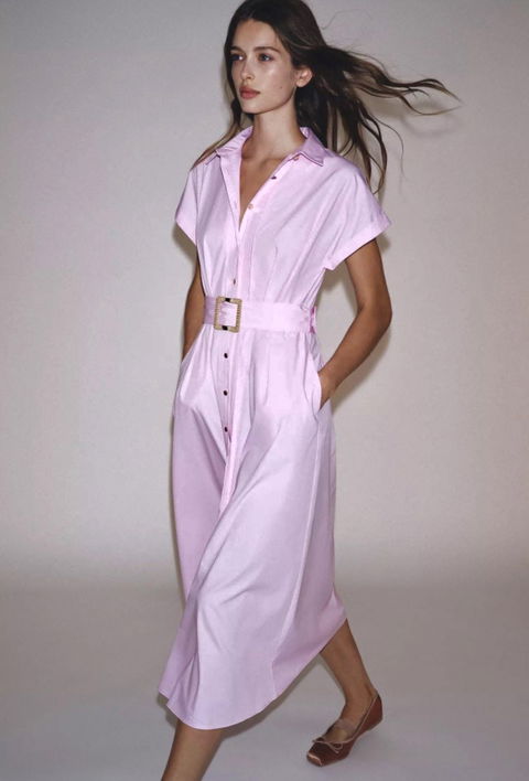 Vestido Camisero Zara Rosa Claro Talla L (30) - A Estrenar