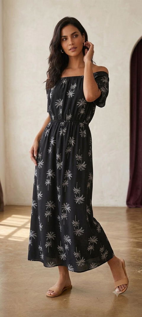 Bonito Maxi-vestido ligero estampado de palmera unitalla (M-L)