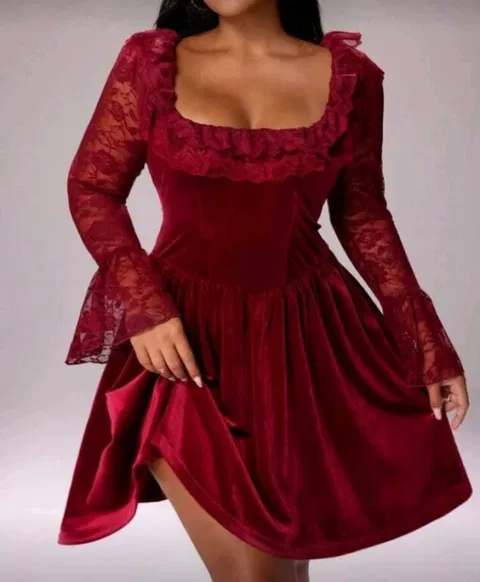 Vestido de Terciopelo Rojo de Shein con Mangas de Encaje