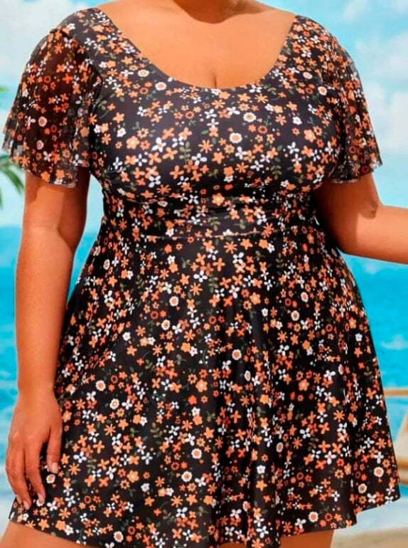 Tankini de Mesh Forrado con Estampado Floral - Marca Shein