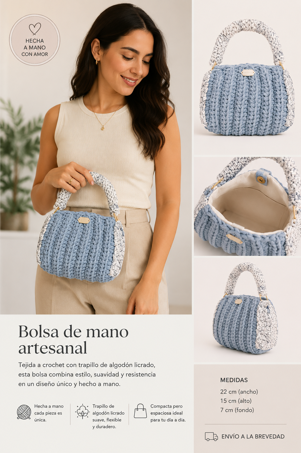 Bolsa artesanal azul de trapillo a crochet