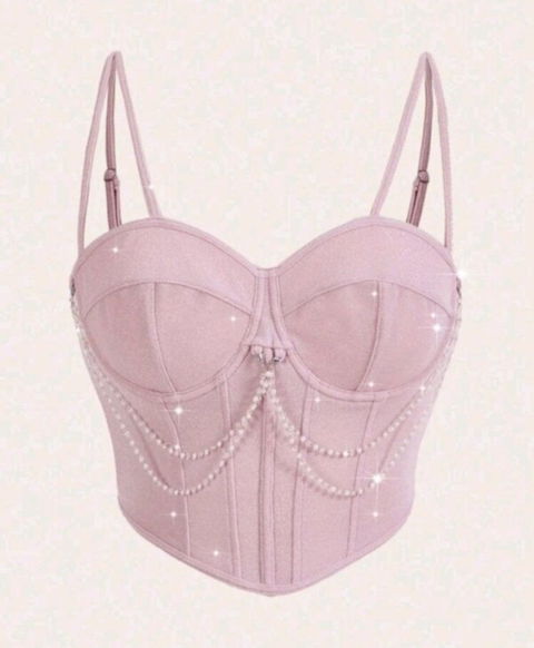 Top corset rosa con detalles de perlas