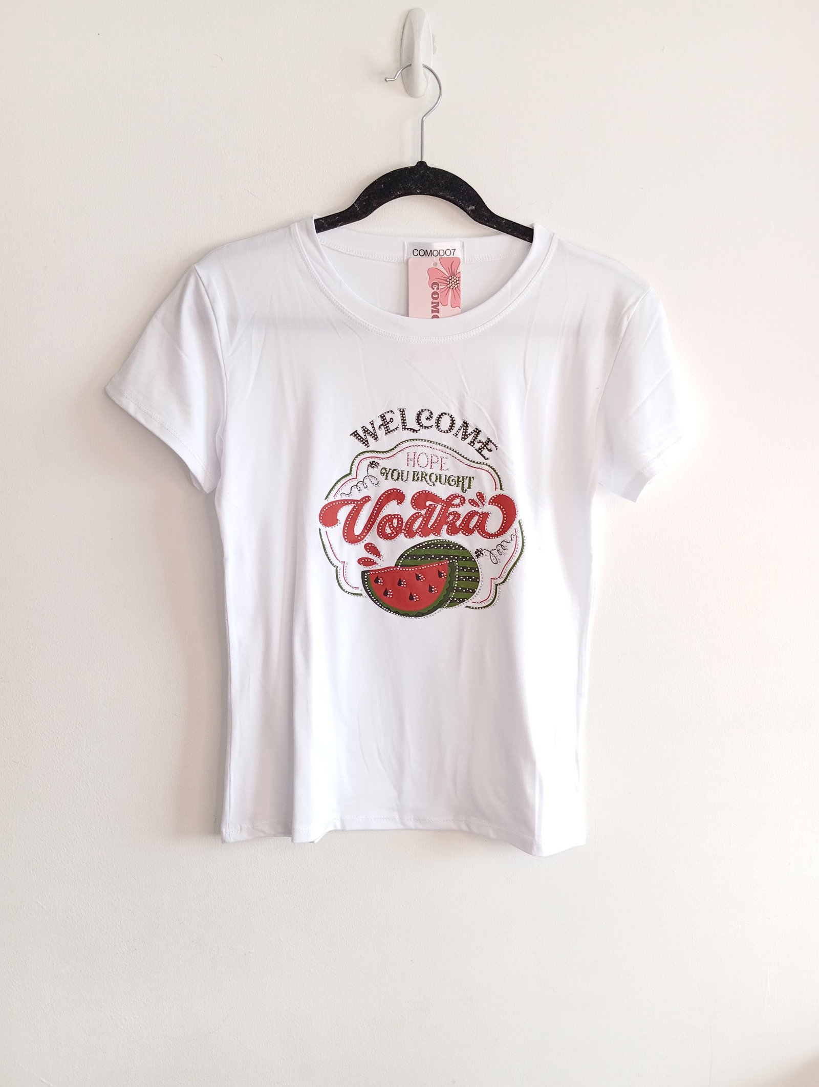 Playera blanca Comodo7 con estampado brillante - Talla S/M - Nueva