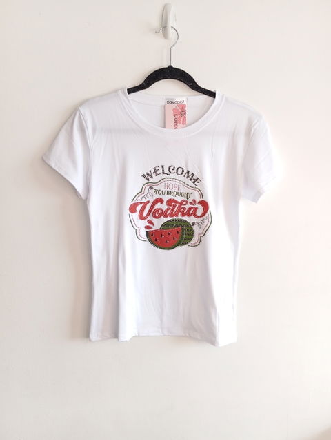 Playera blanca Comodo7 con estampado brillante - Talla S/M - Nueva