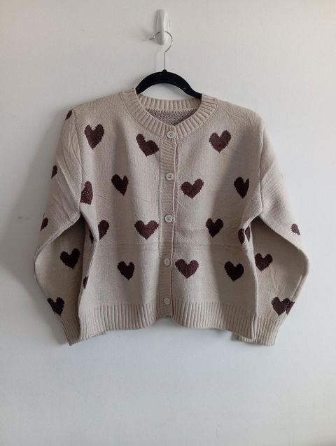 Cárdigan beige con corazones cafés BOMY, unitalla, nuevo