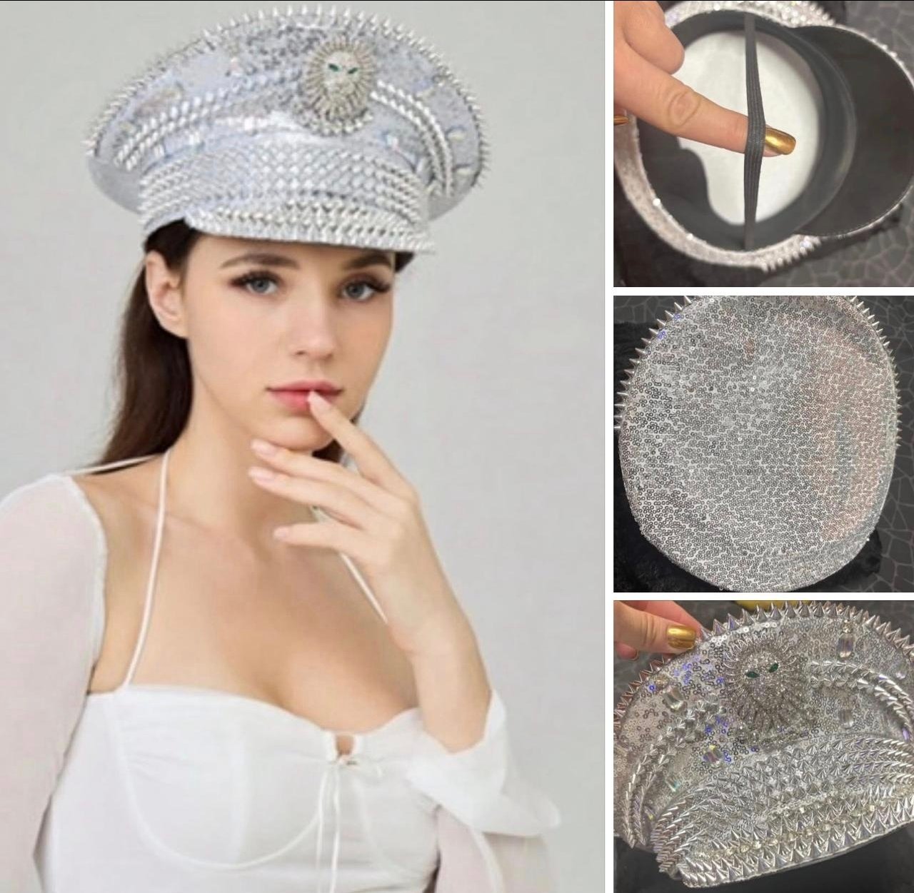 Gorra tipo capitán con cristales y aplicaciones