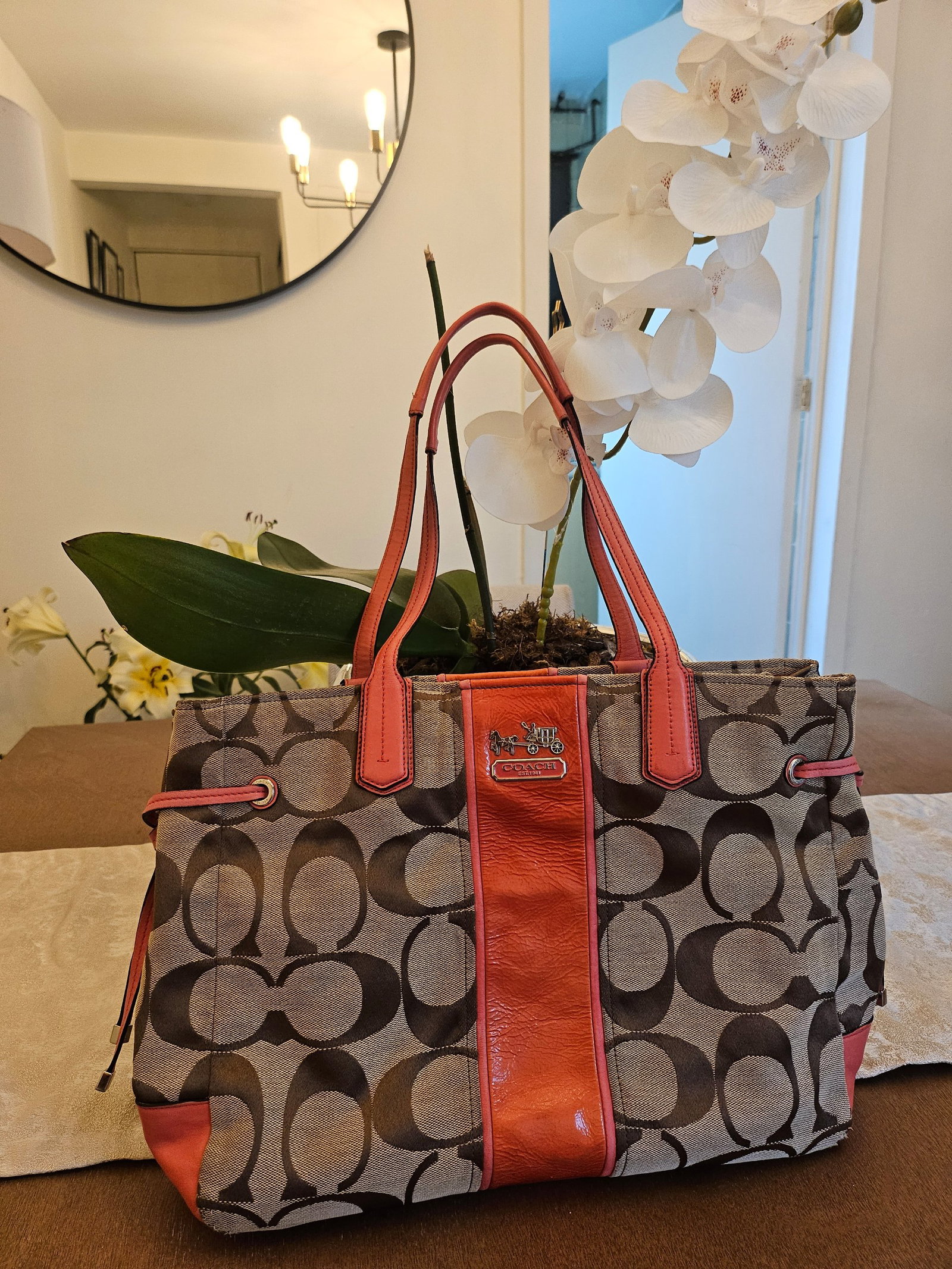 Bolsa Coach Café Canvas y Naranja en Buen Estado