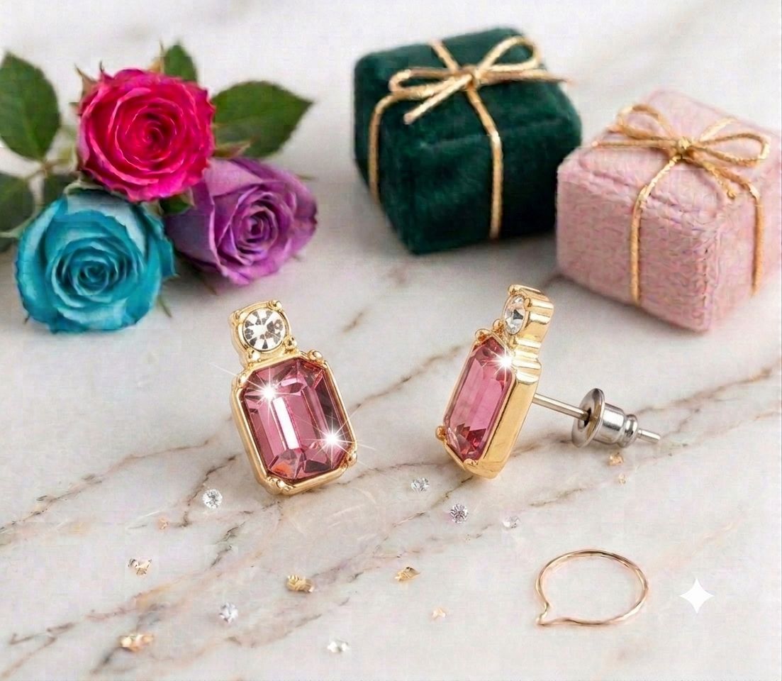 Aretes de 4 baños de oro de 18 kilates con piedra de cristal rosa
