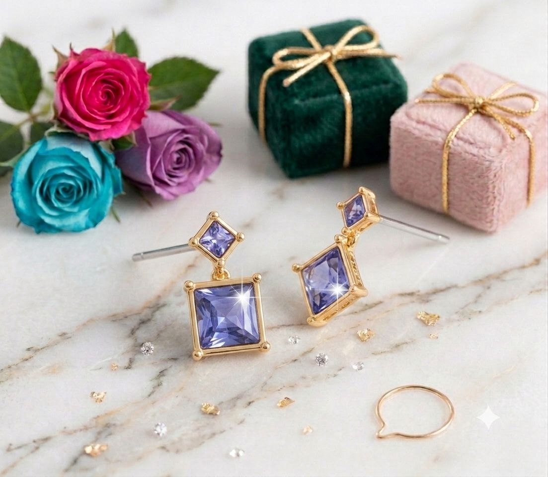 Aretes de Cristal Morado con Baño de Oro 18k - Marca Nice
