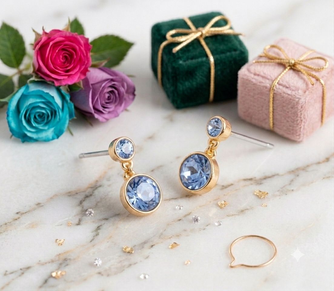 Aretes con 4 baños  oro de 18k  y piedras azules - Marca Nice