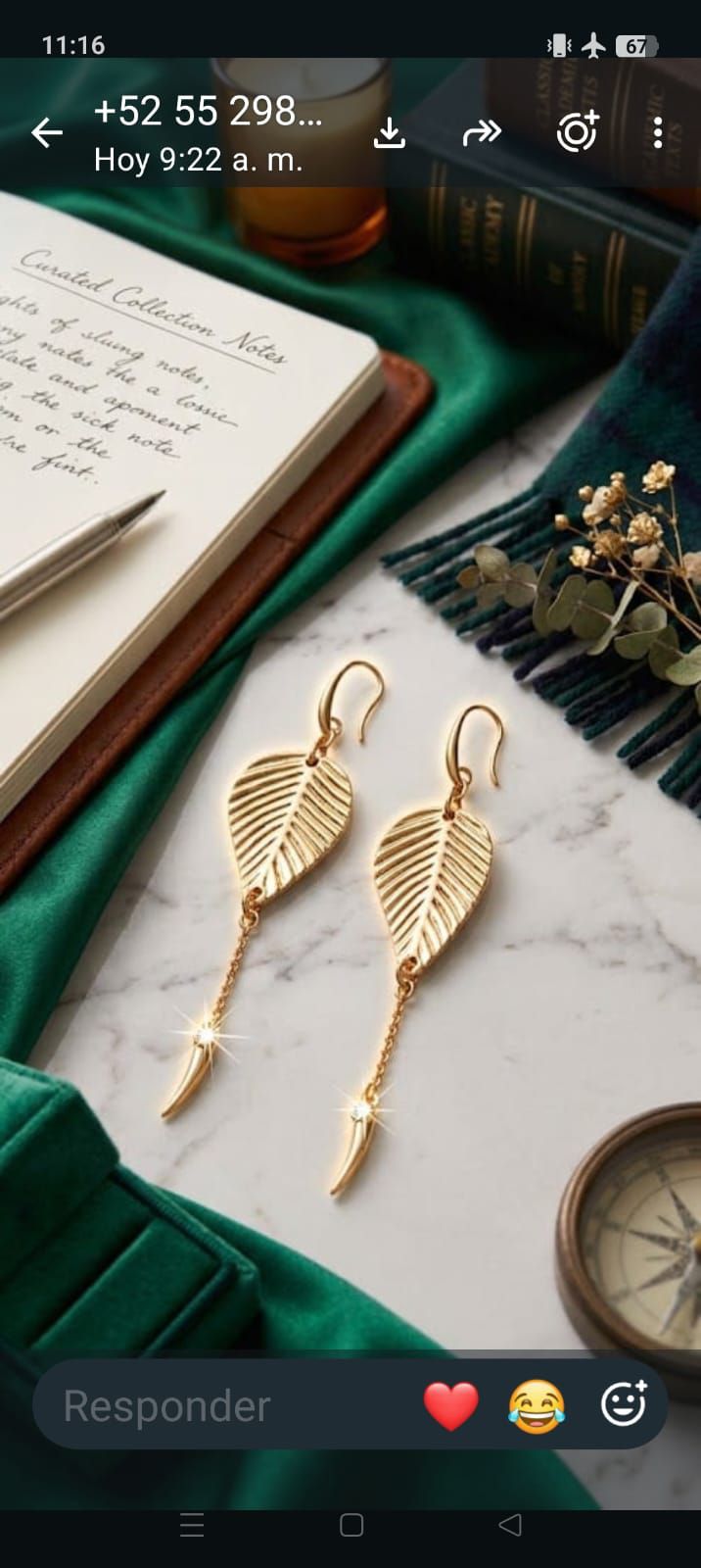 Aretes largos en forma de hoja con 4 baños de oro de 18 k