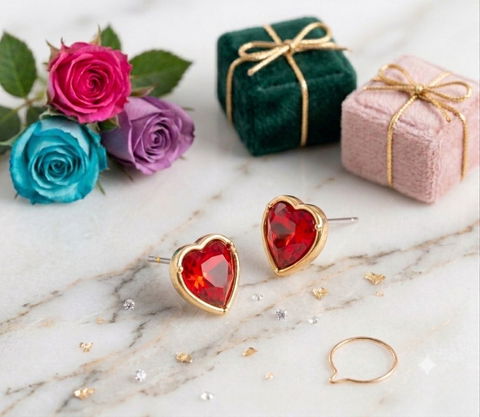 Aretes en forma de corazón con baño de oro 18k y piedra roja