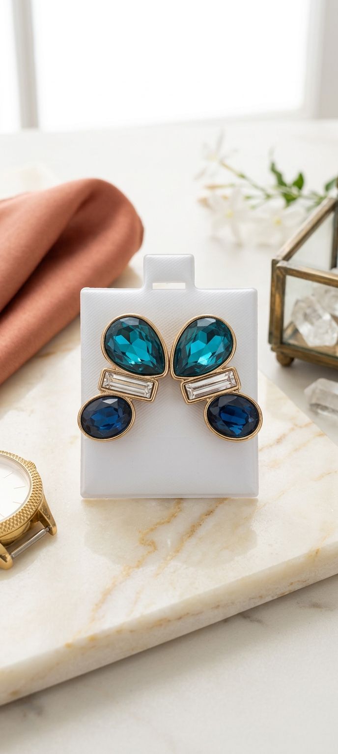 Aretes Nuevos de 4 Baños de Oro 18k con Cristales Azules - Marca Nice