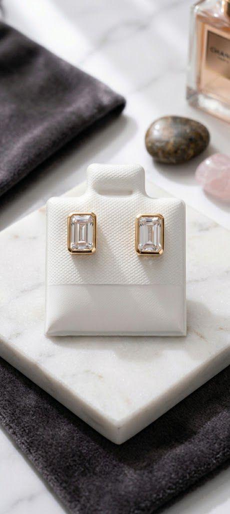 Aretes Rectangulares de Cristal con Baño de Oro 18k - Nuevos