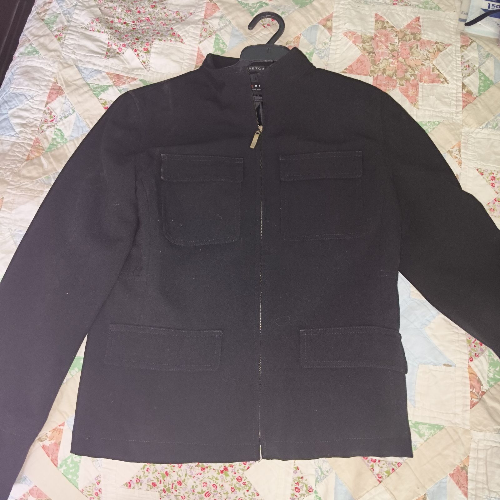 Chaqueta negra con cuello Mao, talla 4, amplia como M