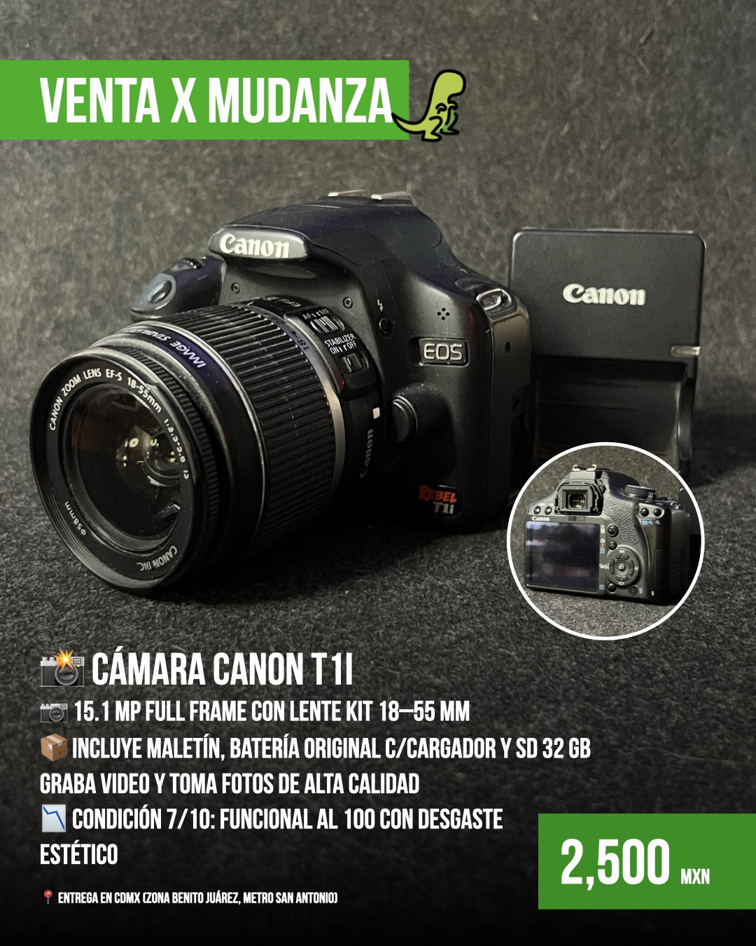 Cámara Canon Rebel T1i con lente 18-55mm y accesorios