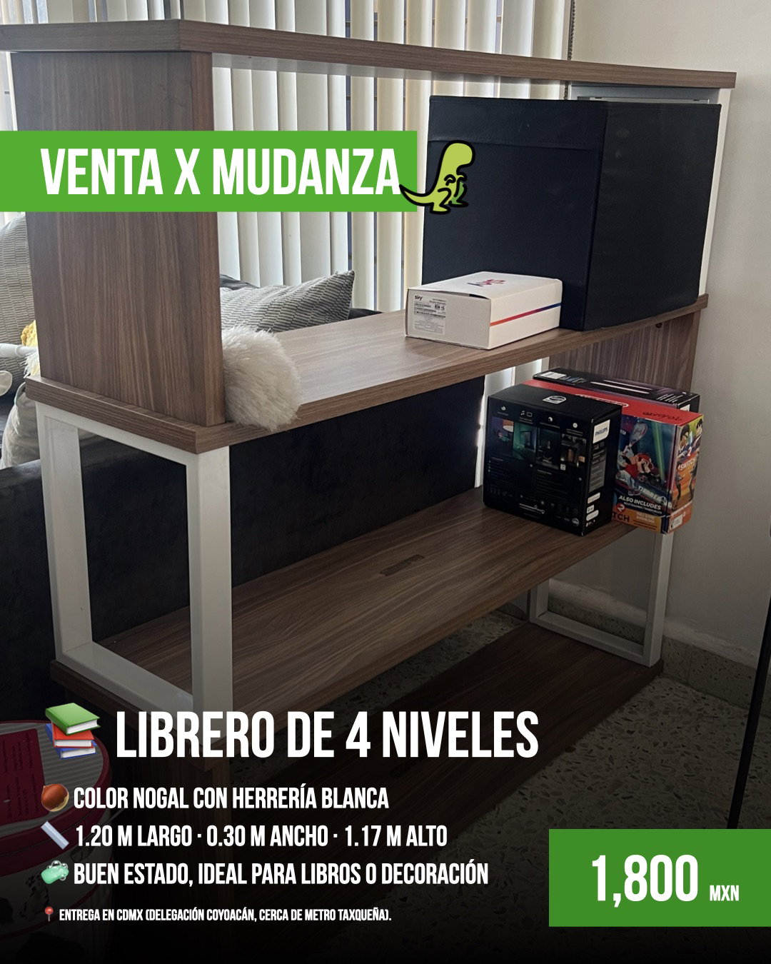 Librero de 4 niveles en color nogal con herrería blanca
