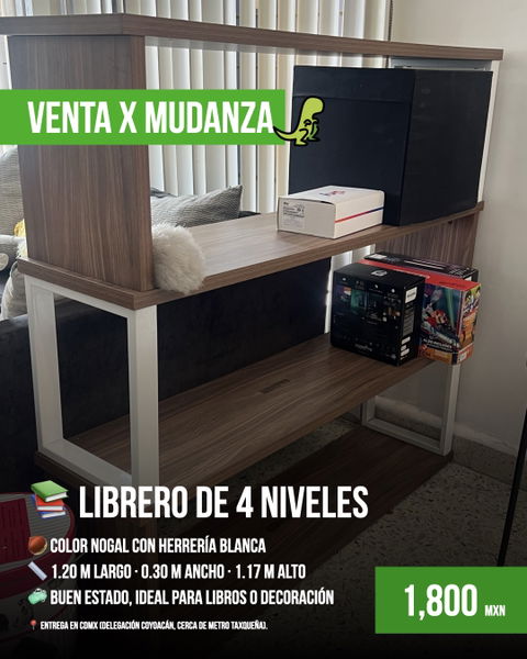 Librero de 4 niveles en color nogal con herrería blanca