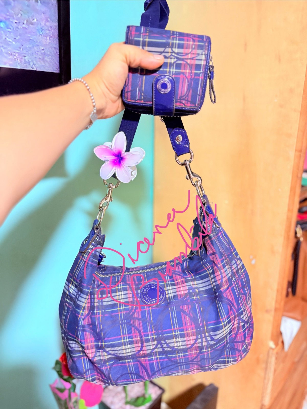 Bolso poppy vintage Coach en monograma morado con carterita a juego
