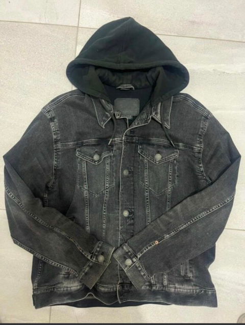 Chamarra de mezclilla negra con capucha para hombre XL