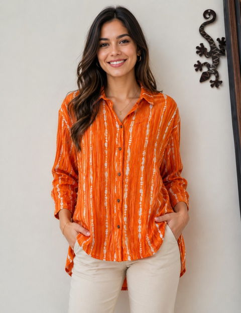 Camisa Naranja Plisada de Manga Larga - Fashion Nova