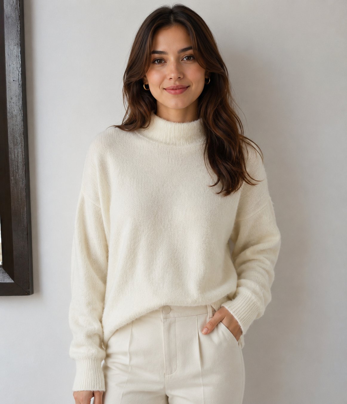 Suéter de Cuello Alto Cable Stitch - Talla M - Color Crema