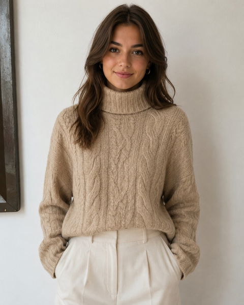 Suéter corto beige con cuello alto - Love Tree - Talla L