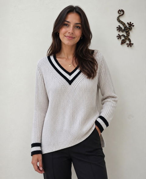 Suéter Cuello V Rayas Negras - Susan Graver - Talla L